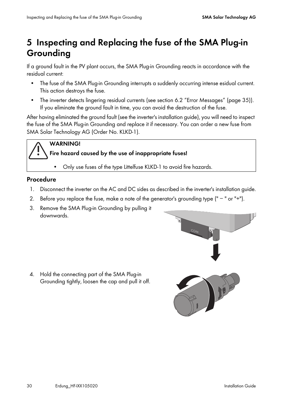 Inspecting and replacing the fuse of the sma, Plug-in grounding | SMA Plug-in Grounding User Manual | Page 30 / 200