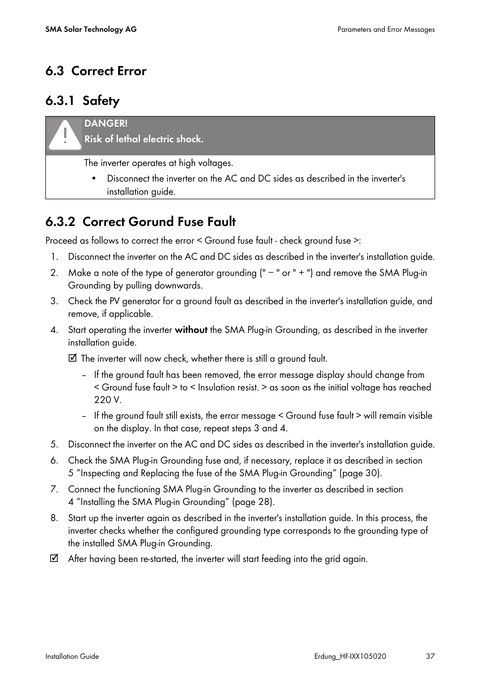 3 correct error, 1 safety, 2 correct gorund fuse fault | Correct error, Safety, Correct gorund fuse fault | SMA Plug-in Grounding User Manual | Page 37 / 200