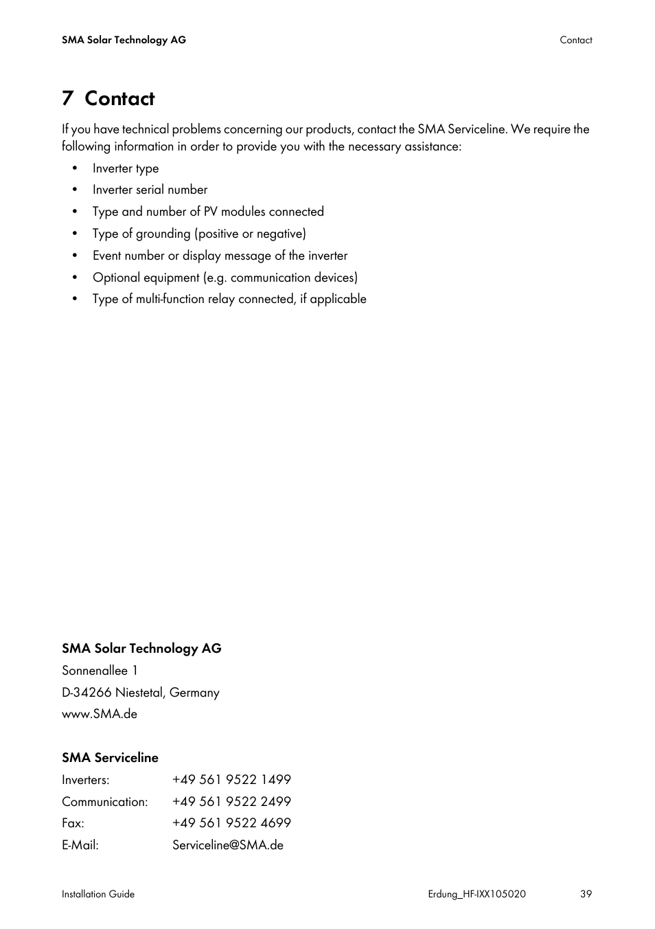 7 contact, Contact | SMA Plug-in Grounding User Manual | Page 39 / 200