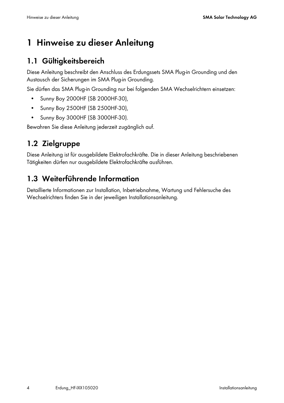 1 hinweise zu dieser anleitung, 1 gültigkeitsbereich, 2 zielgruppe | 3 weiterführende information, Hinweise zu dieser anleitung, Gültigkeitsbereich, Zielgruppe, Weiterführende information | SMA Plug-in Grounding User Manual | Page 4 / 200