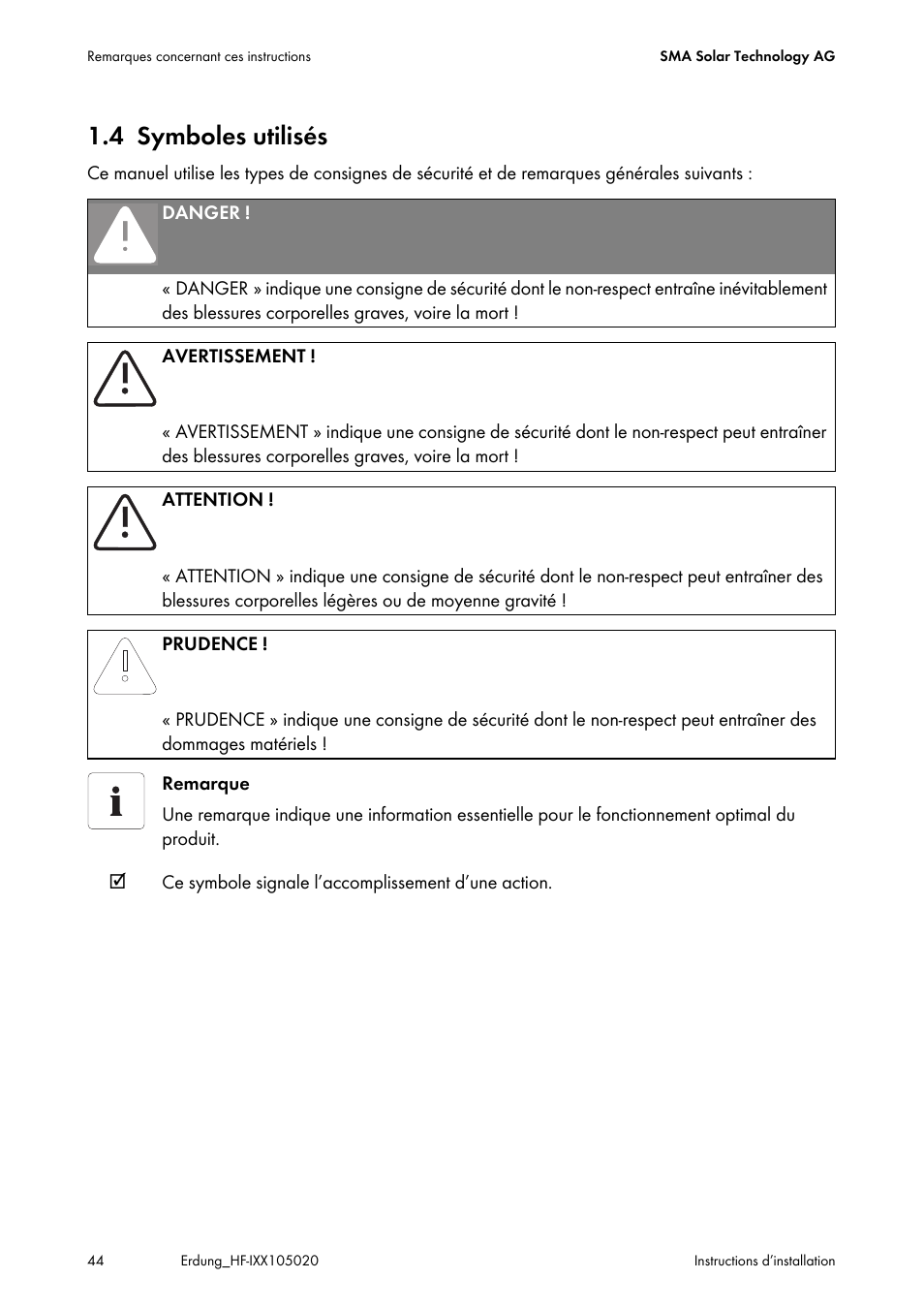 4 symboles utilisés, Symboles utilisés | SMA Plug-in Grounding User Manual | Page 44 / 200