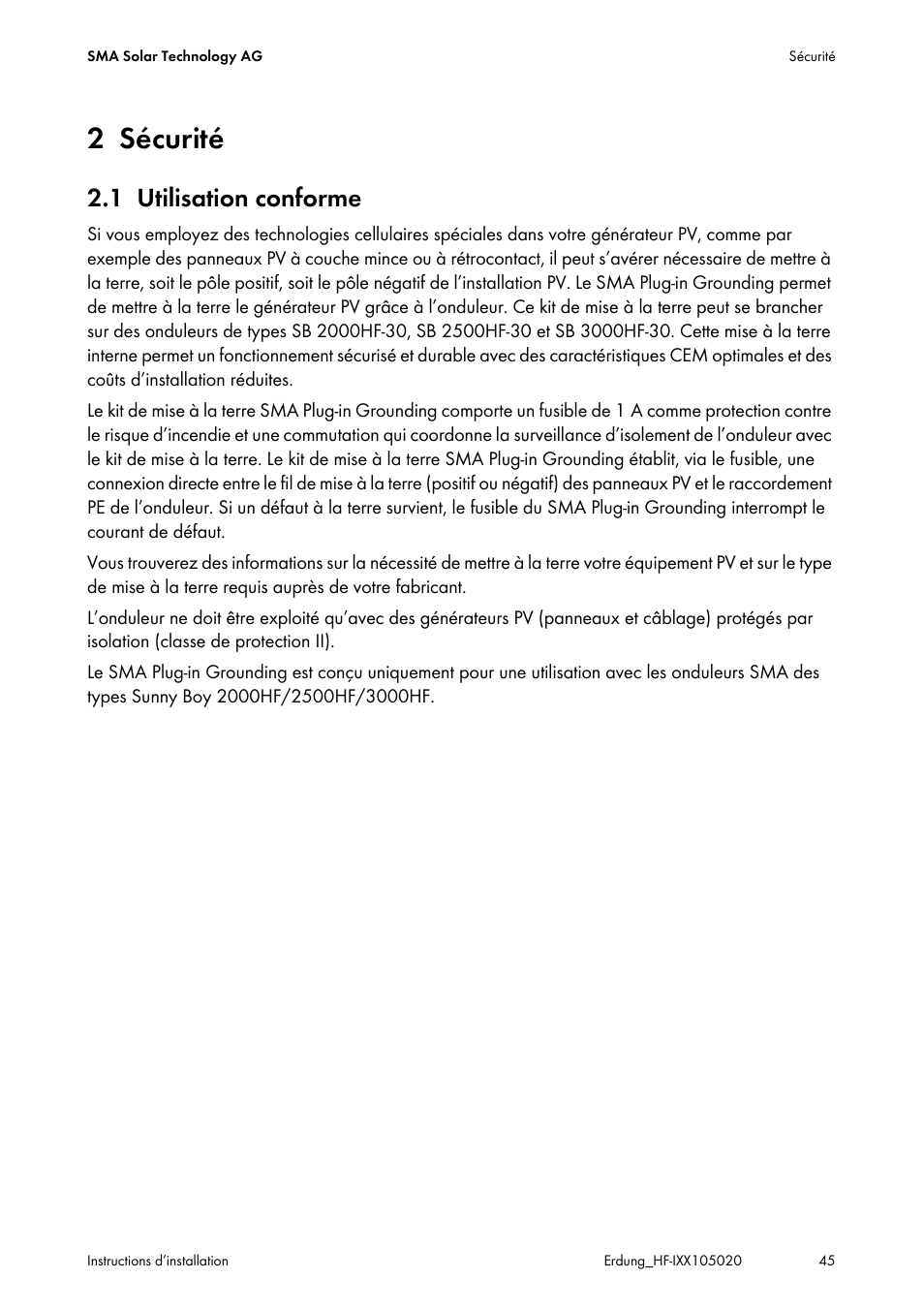 2 sécurité, 1 utilisation conforme, Sécurité | Utilisation conforme | SMA Plug-in Grounding User Manual | Page 45 / 200