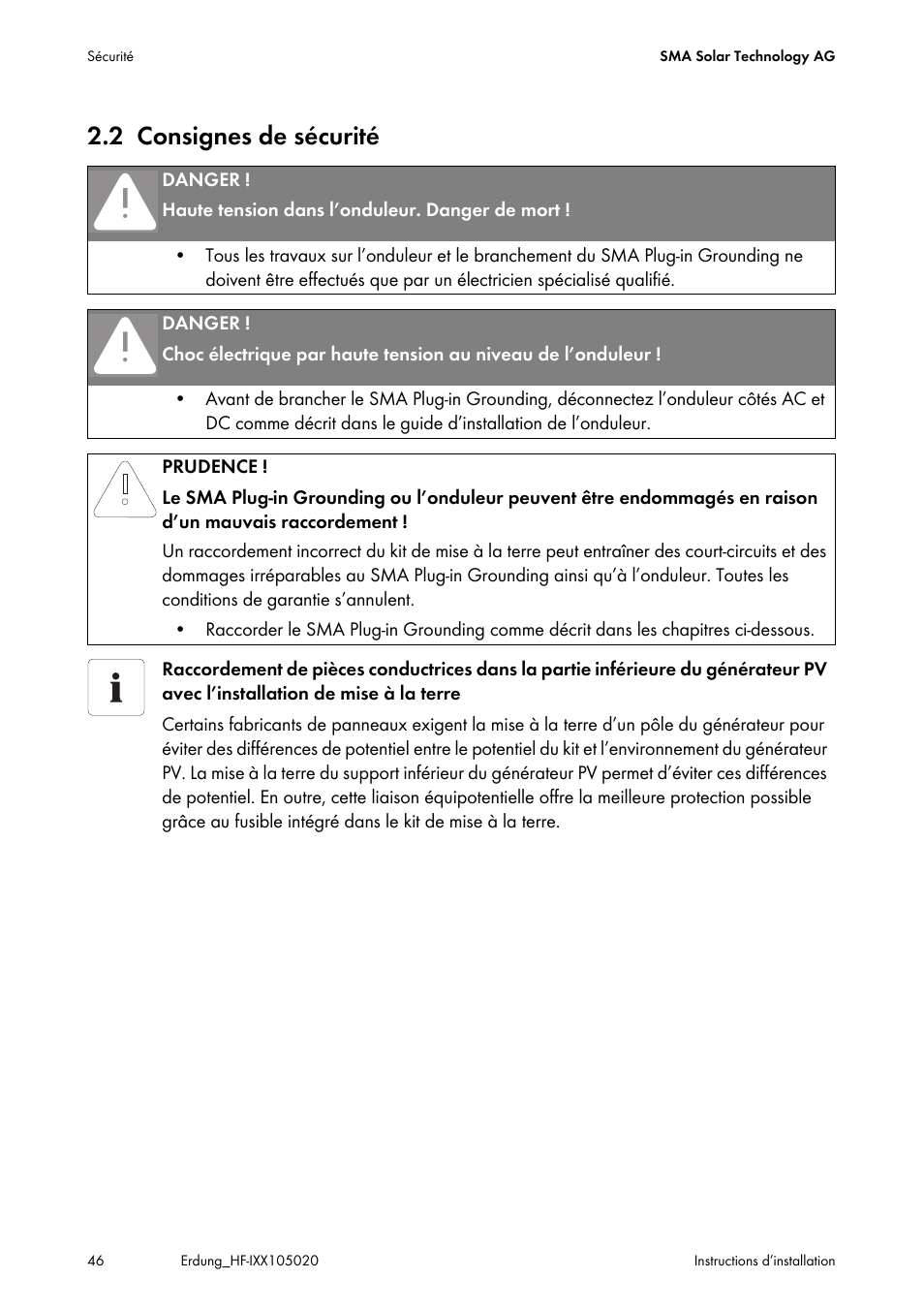 2 consignes de sécurité, Consignes de sécurité | SMA Plug-in Grounding User Manual | Page 46 / 200