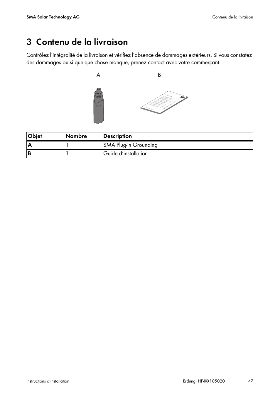 3 contenu de la livraison, Contenu de la livraison | SMA Plug-in Grounding User Manual | Page 47 / 200