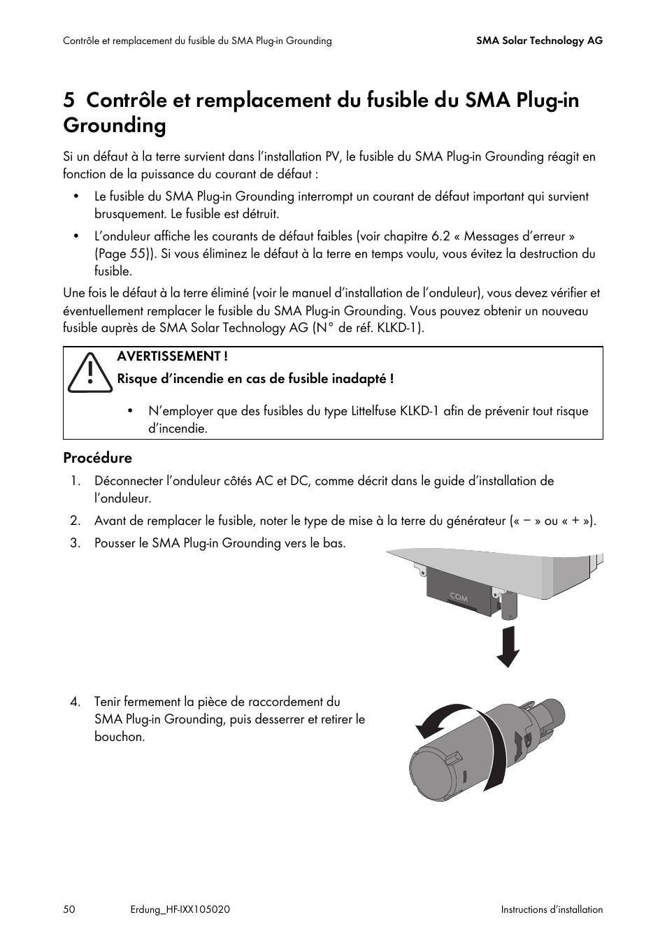 Contrôle et remplacement du fusible du sma, Plug-in grounding | SMA Plug-in Grounding User Manual | Page 50 / 200