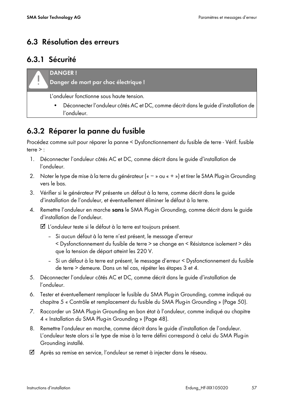 3 résolution des erreurs, 1 sécurité, 2 réparer la panne du fusible | Résolution des erreurs, Sécurité, Réparer la panne du fusible | SMA Plug-in Grounding User Manual | Page 57 / 200