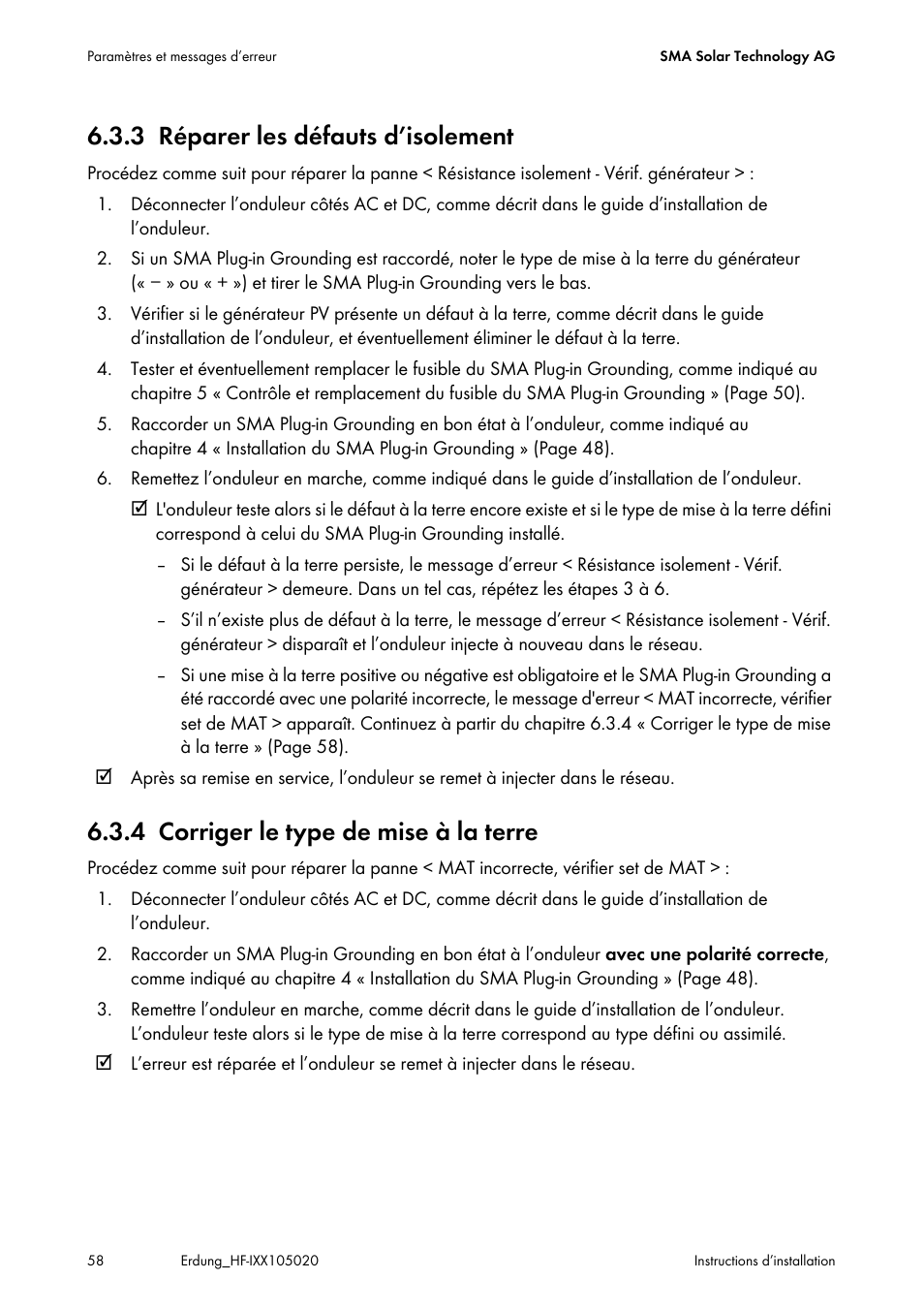 3 réparer les défauts d’isolement, 4 corriger le type de mise à la terre, Réparer les défauts d’isolement | Corriger le type de mise à la terre | SMA Plug-in Grounding User Manual | Page 58 / 200