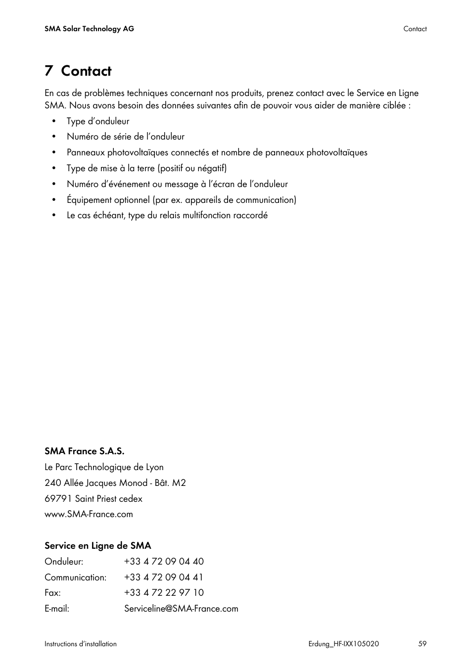 7 contact, Contact | SMA Plug-in Grounding User Manual | Page 59 / 200