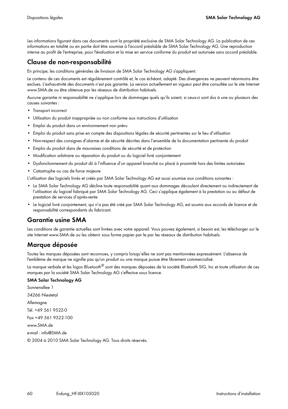 Clause de non-responsabilité, Garantie usine sma, Marque déposée | SMA Plug-in Grounding User Manual | Page 60 / 200