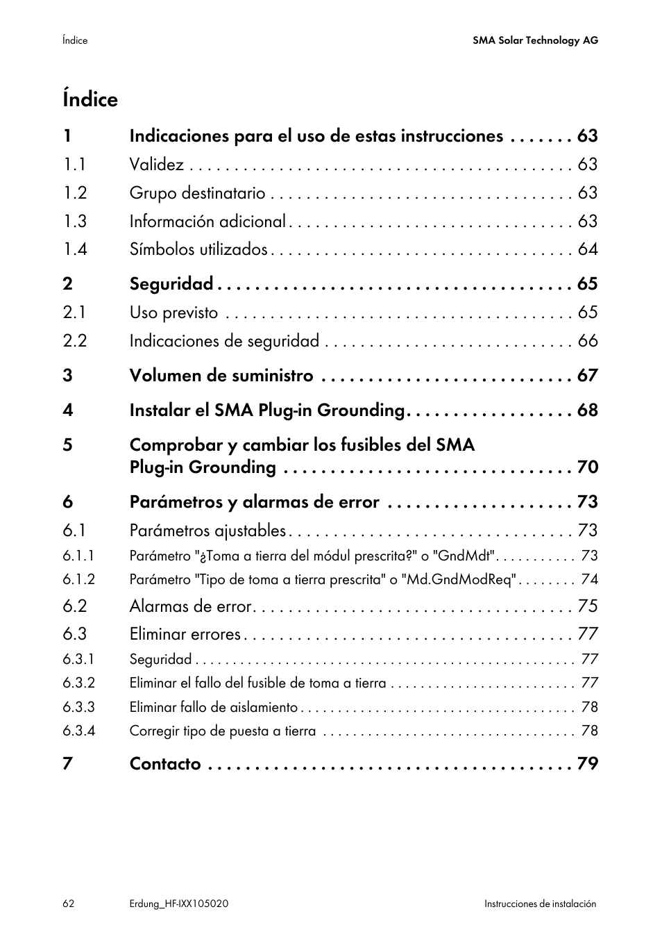 Índice | SMA Plug-in Grounding User Manual | Page 62 / 200