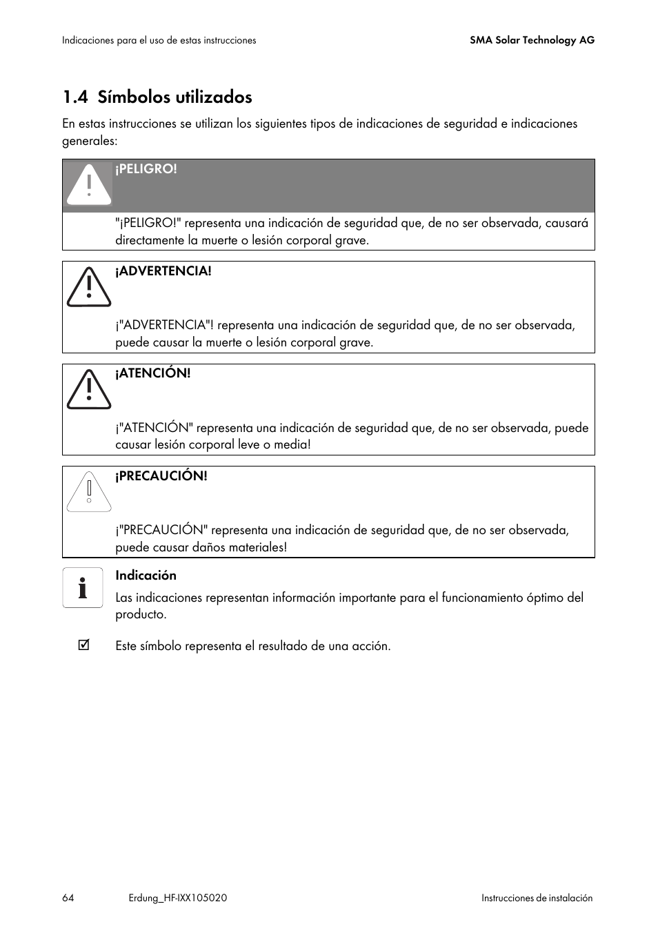 4 símbolos utilizados, Símbolos utilizados | SMA Plug-in Grounding User Manual | Page 64 / 200