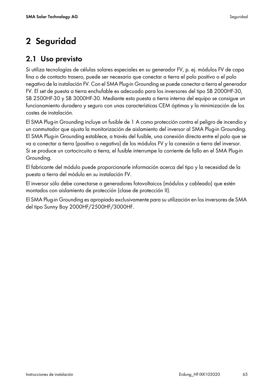 2 seguridad, 1 uso previsto, Seguridad | Uso previsto | SMA Plug-in Grounding User Manual | Page 65 / 200