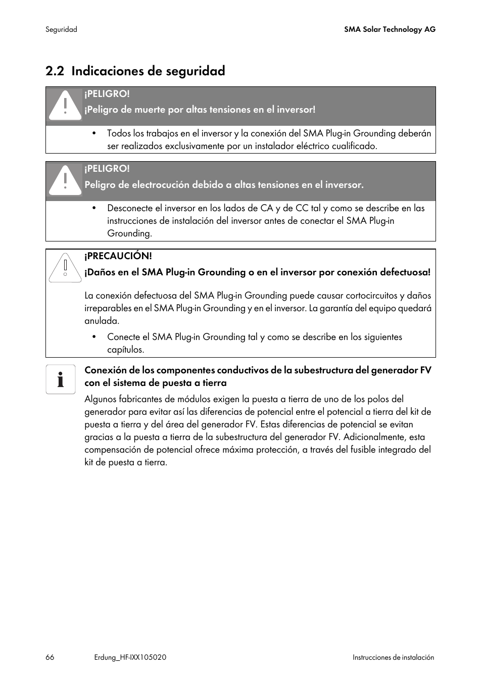 2 indicaciones de seguridad, Indicaciones de seguridad | SMA Plug-in Grounding User Manual | Page 66 / 200