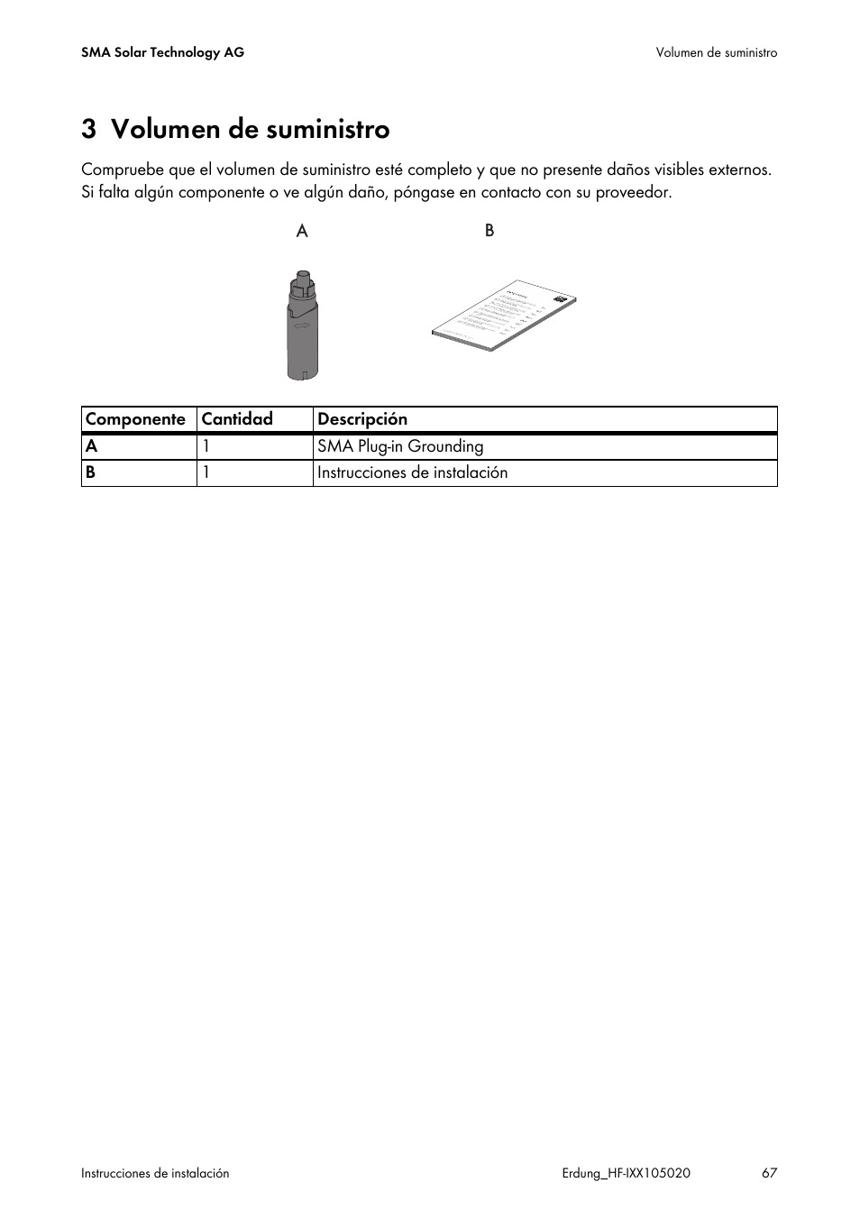 3 volumen de suministro, Volumen de suministro | SMA Plug-in Grounding User Manual | Page 67 / 200