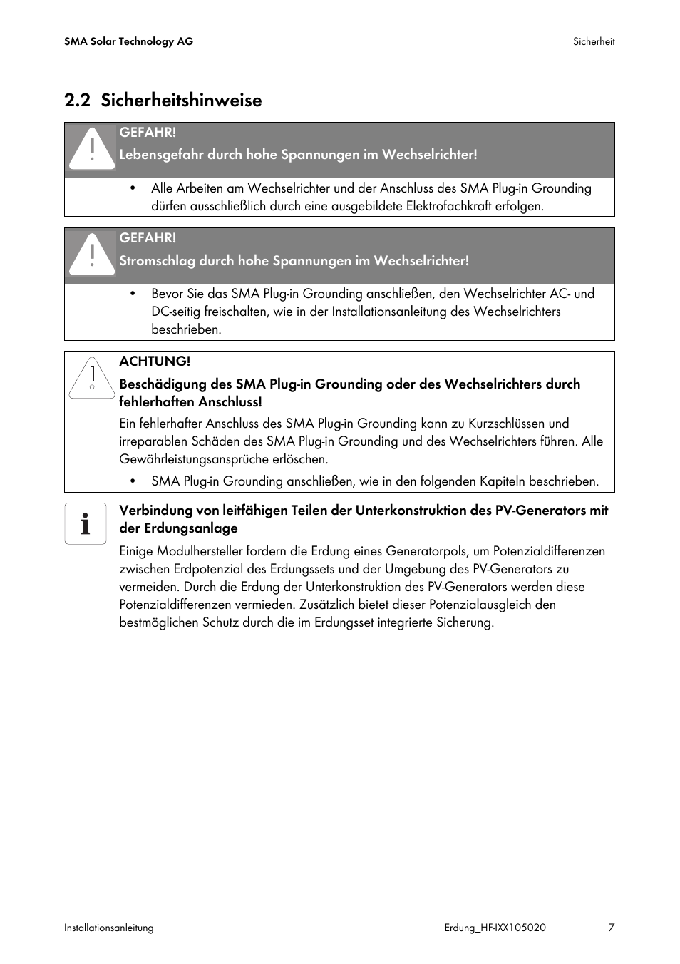 2 sicherheitshinweise, Sicherheitshinweise | SMA Plug-in Grounding User Manual | Page 7 / 200