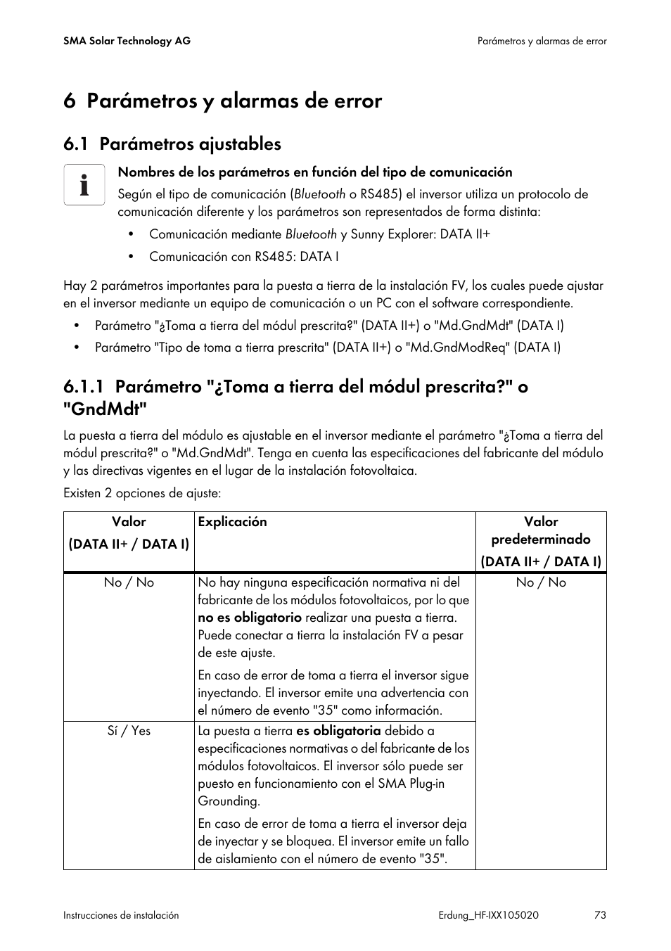 6 parámetros y alarmas de error, 1 parámetros ajustables, Parámetros y alarmas de error | Parámetros ajustables | SMA Plug-in Grounding User Manual | Page 73 / 200
