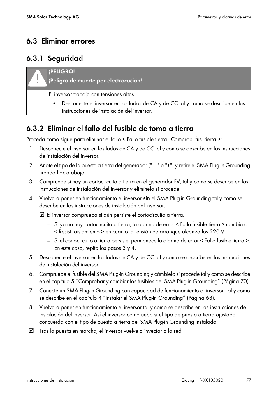 3 eliminar errores, 1 seguridad, 2 eliminar el fallo del fusible de toma a tierra | Eliminar errores, Seguridad, Eliminar el fallo del fusible de toma a tierra | SMA Plug-in Grounding User Manual | Page 77 / 200