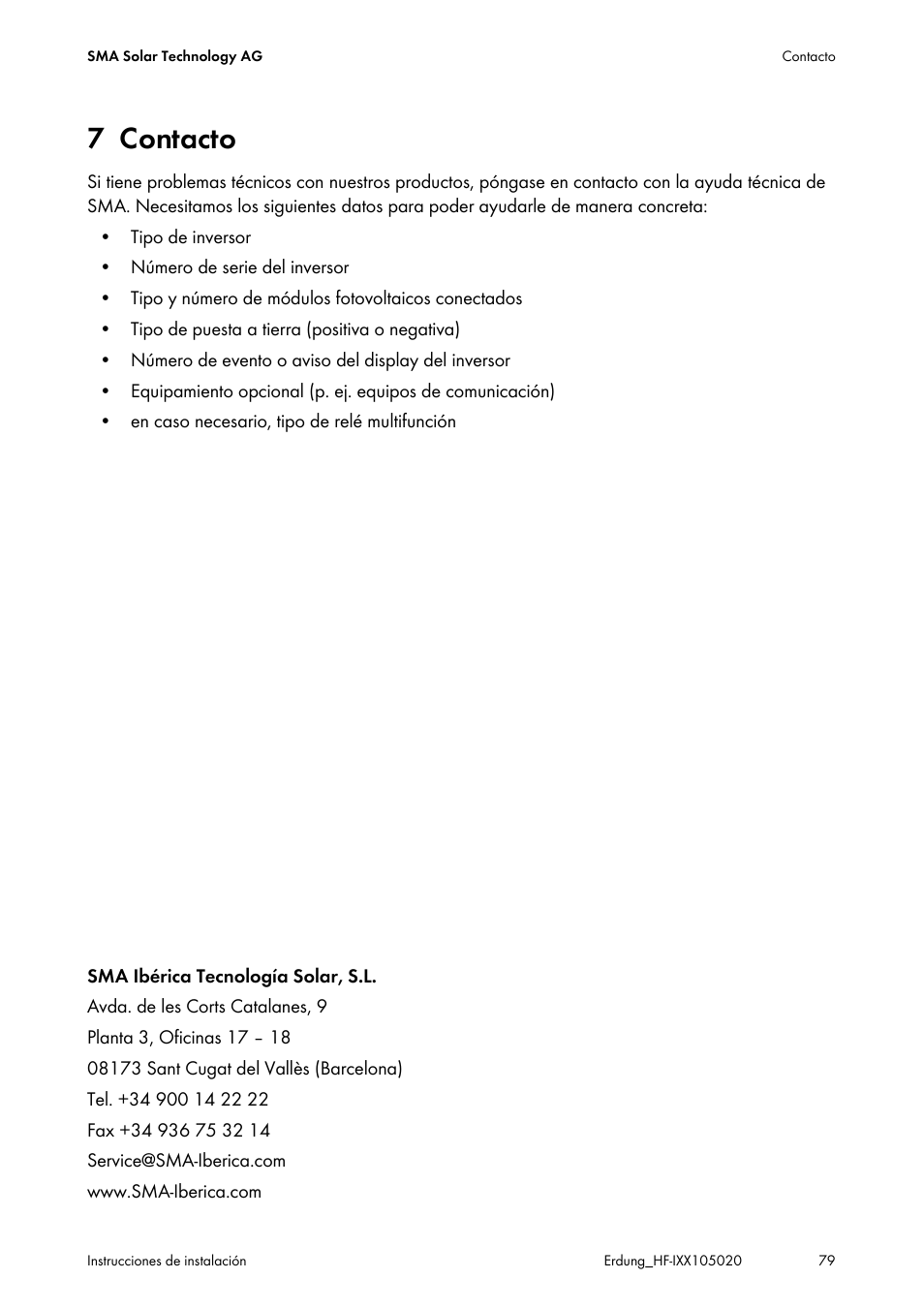 7 contacto, Contacto | SMA Plug-in Grounding User Manual | Page 79 / 200
