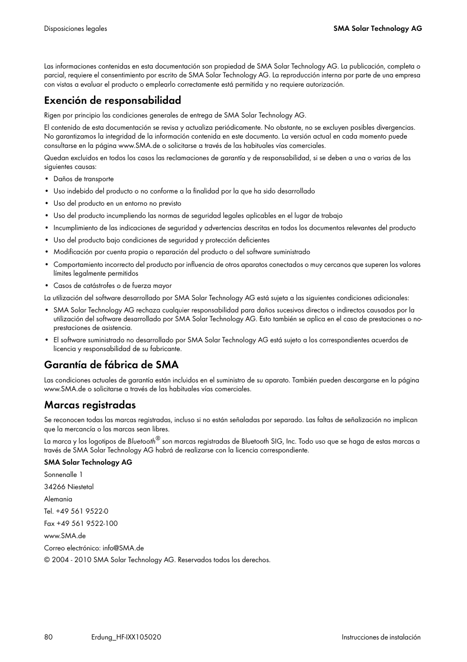 Exención de responsabilidad, Garantía de fábrica de sma, Marcas registradas | SMA Plug-in Grounding User Manual | Page 80 / 200