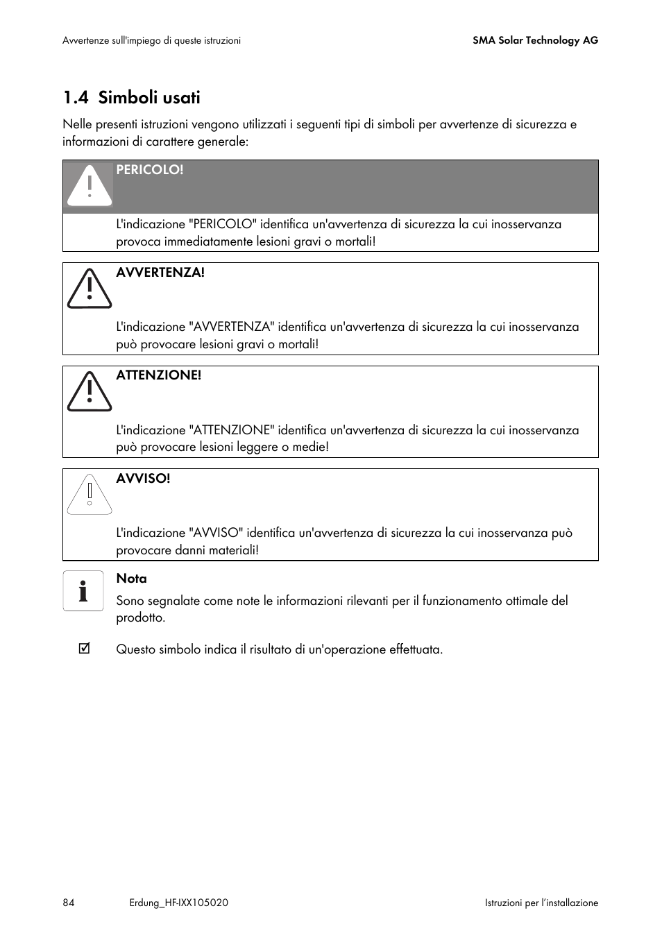 4 simboli usati, Simboli usati | SMA Plug-in Grounding User Manual | Page 84 / 200