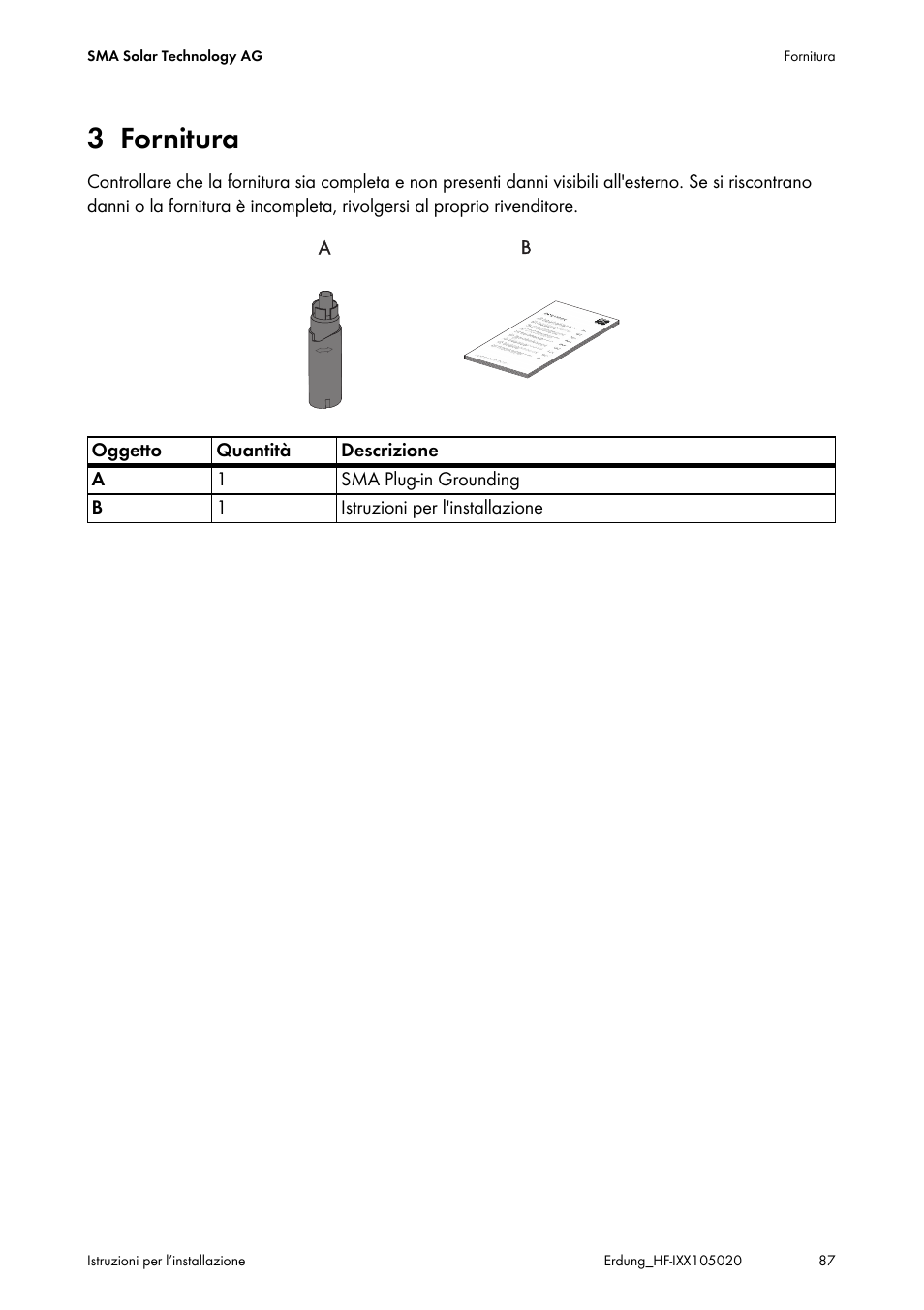 3 fornitura, Fornitura | SMA Plug-in Grounding User Manual | Page 87 / 200