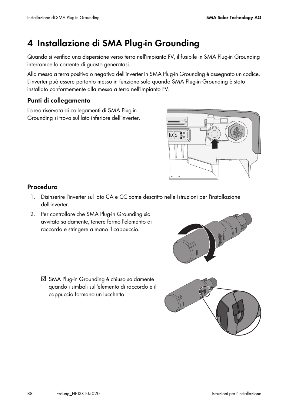 4 installazione di sma plug-in grounding, Installazione di sma plug-in grounding | SMA Plug-in Grounding User Manual | Page 88 / 200