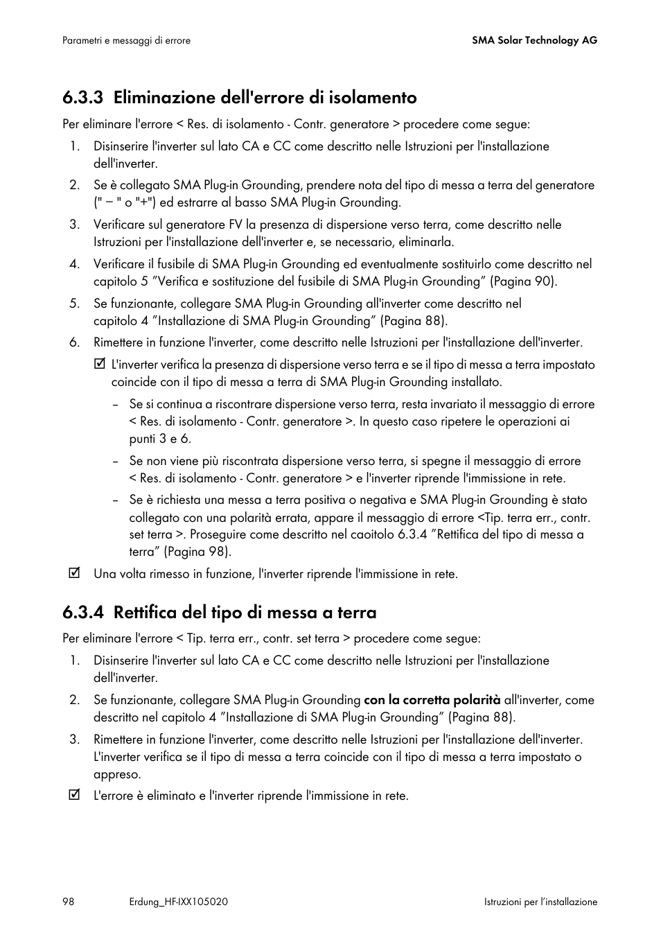 3 eliminazione dell'errore di isolamento, 4 rettifica del tipo di messa a terra, Eliminazione dell'errore di isolamento | Rettifica del tipo di messa a terra | SMA Plug-in Grounding User Manual | Page 98 / 200