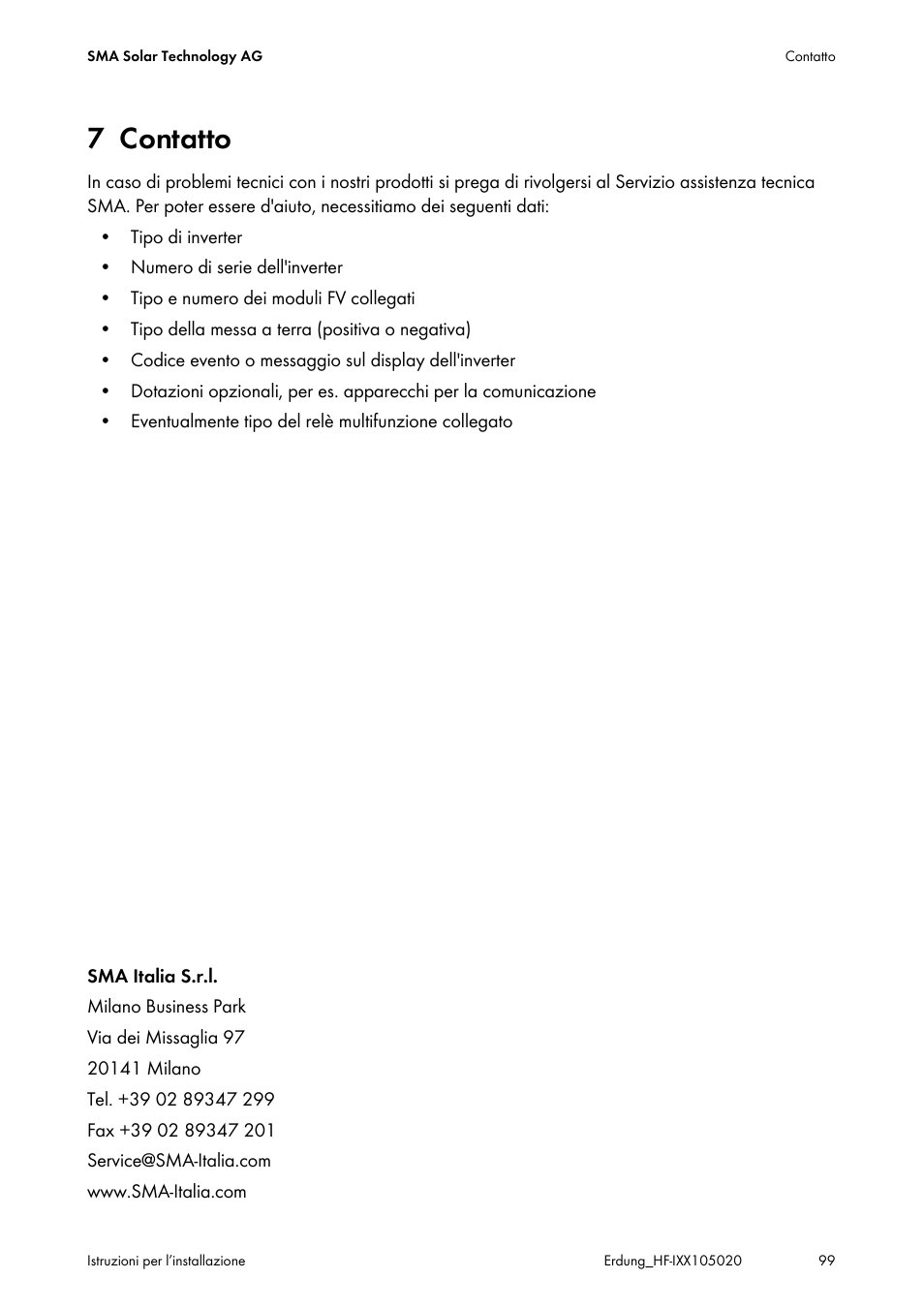 7 contatto, Contatto | SMA Plug-in Grounding User Manual | Page 99 / 200