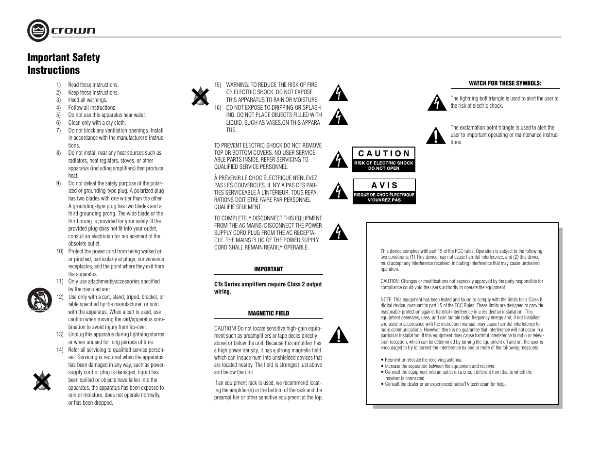 Important safety instructions, Fcc compliance notice | Crown Audio CTs 8200 User Manual | Page 2 / 32