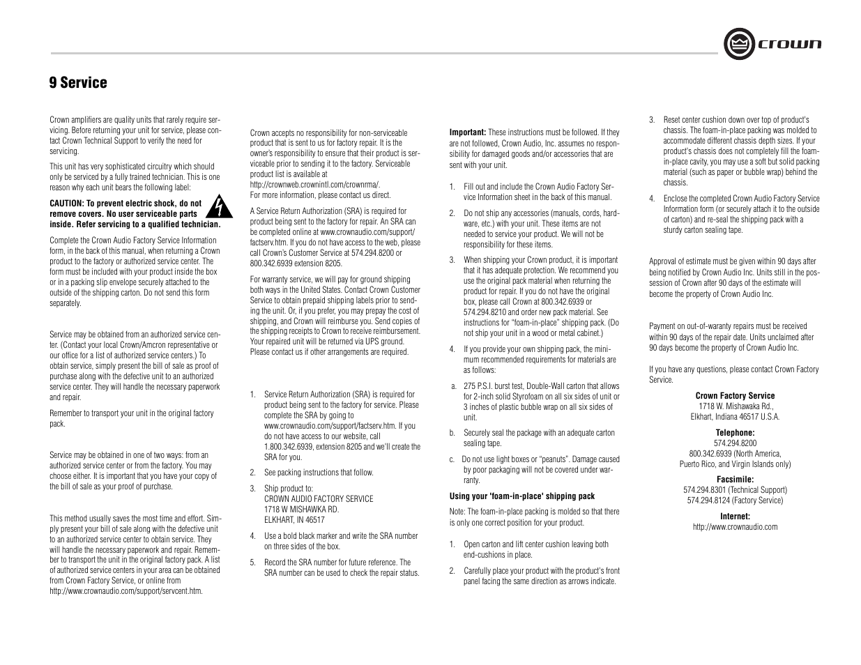 9 service | Crown Audio CTs 8200 User Manual | Page 25 / 32