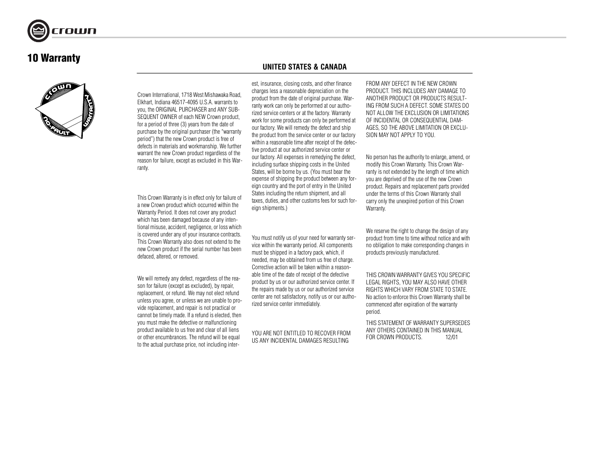 10 warranty | Crown Audio CTs 8200 User Manual | Page 26 / 32