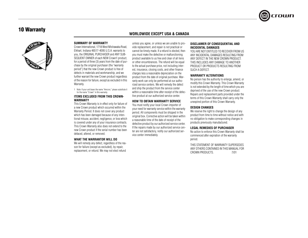 10 warranty | Crown Audio CTs 8200 User Manual | Page 27 / 32