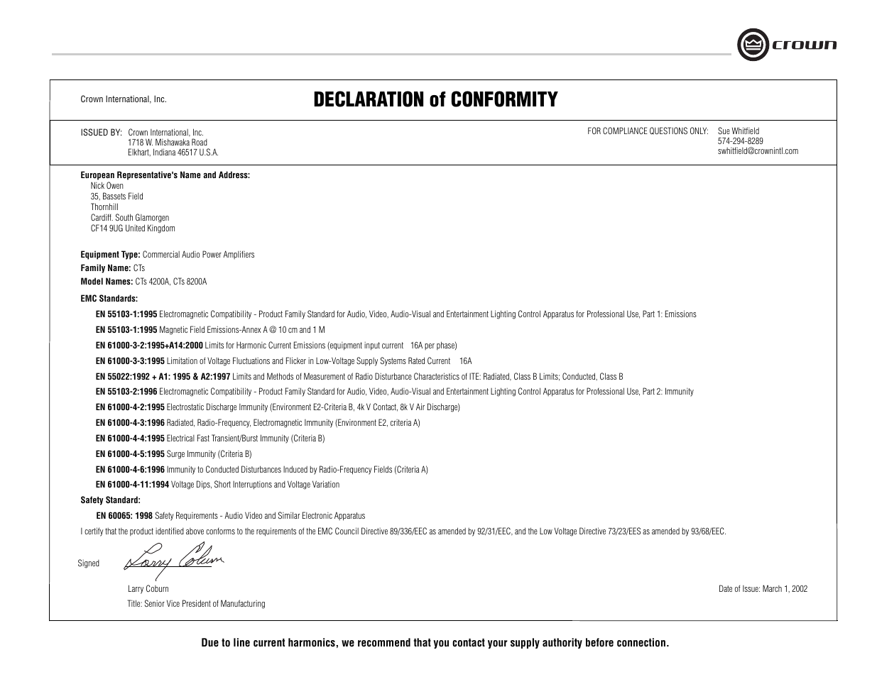 Declaration of conformity | Crown Audio CTs 8200 User Manual | Page 3 / 32