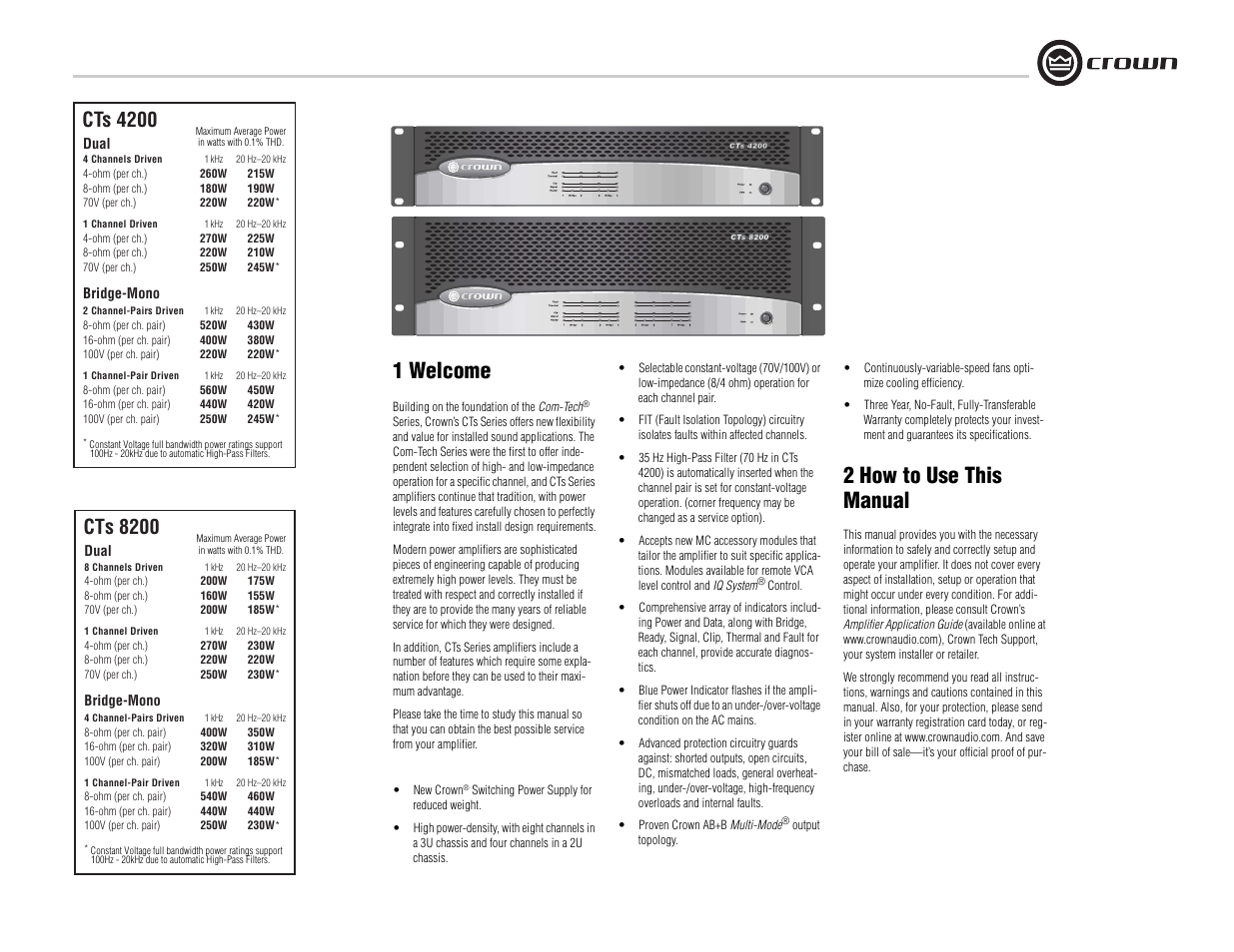 1 welcome, 2 how to use this manual, Cts 4200 | Cts 8200 | Crown Audio CTs 8200 User Manual | Page 5 / 32