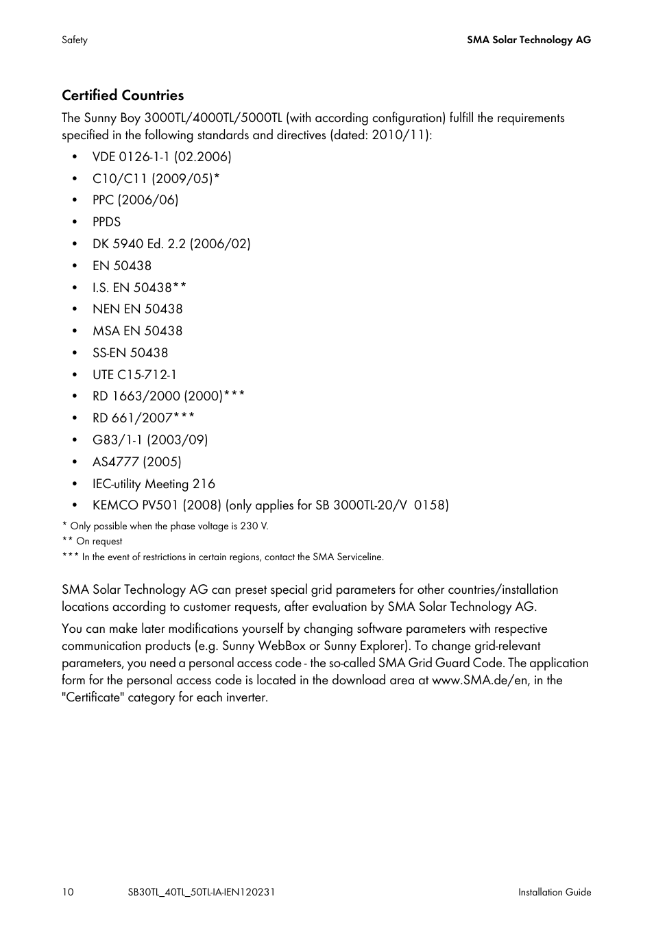 Certified countries | SMA SB 3000TL-20 Installation User Manual | Page 10 / 104