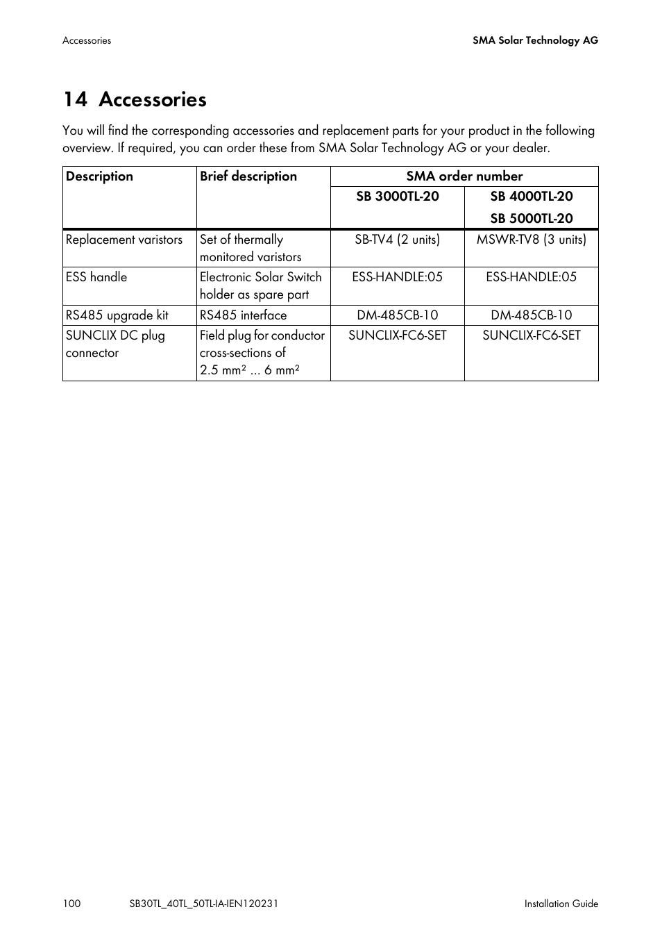 14 accessories, Accessories | SMA SB 3000TL-20 Installation User Manual | Page 100 / 104