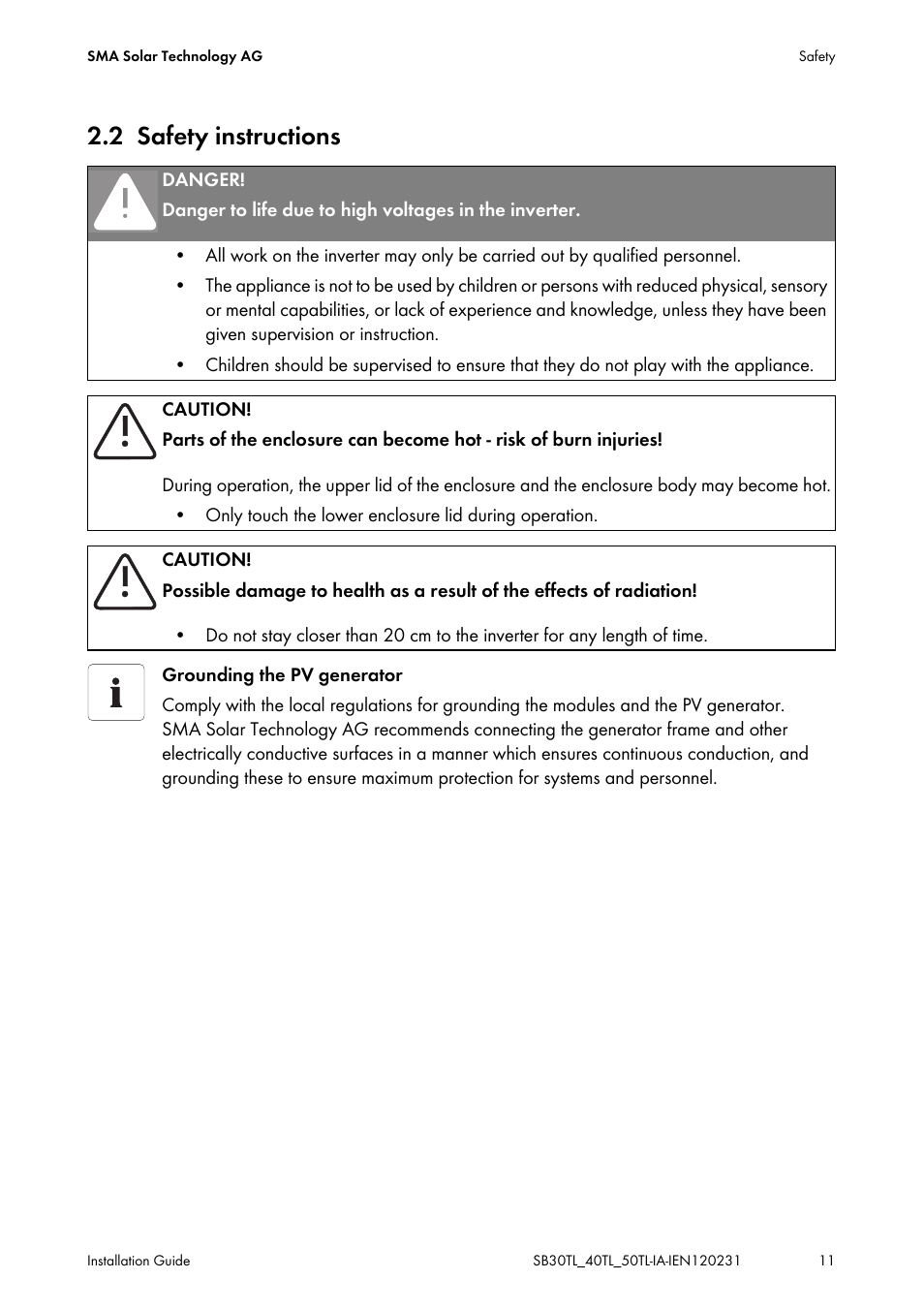 2 safety instructions, Safety instructions | SMA SB 3000TL-20 Installation User Manual | Page 11 / 104