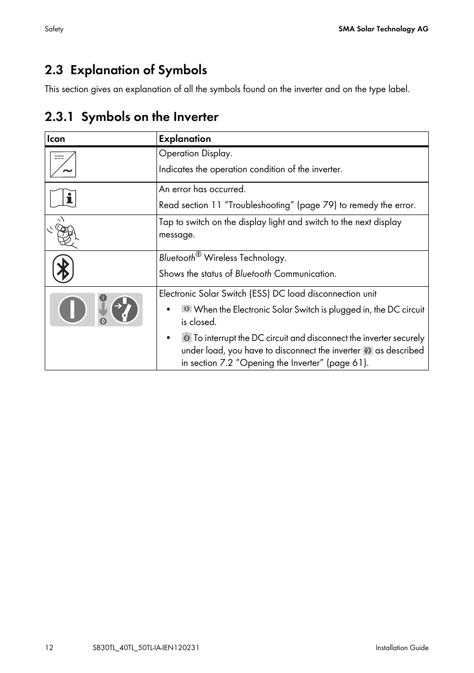3 explanation of symbols, 1 symbols on the inverter, Explanation of symbols | Symbols on the inverter | SMA SB 3000TL-20 Installation User Manual | Page 12 / 104