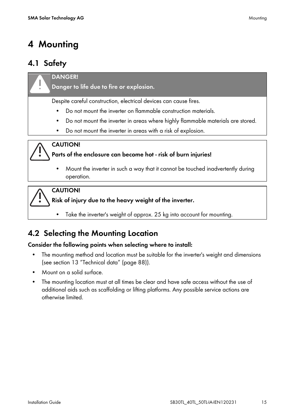 4 mounting, 1 safety, 2 selecting the mounting location | Mounting, Safety, Selecting the mounting location, 1 safety 4.2 selecting the mounting location | SMA SB 3000TL-20 Installation User Manual | Page 15 / 104