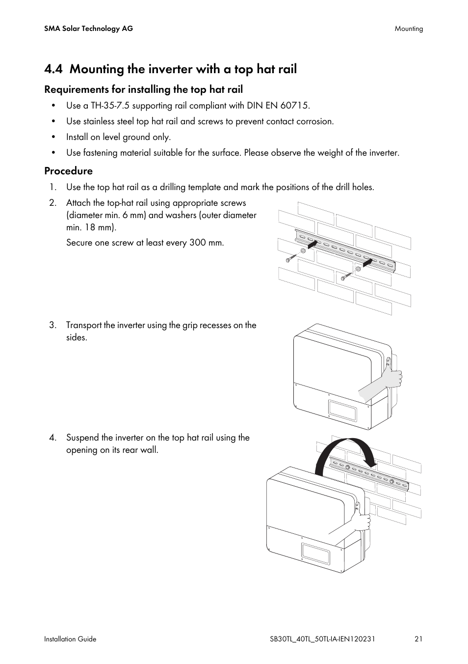 4 mounting the inverter with a top hat rail, Mounting the inverter with a top hat rail | SMA SB 3000TL-20 Installation User Manual | Page 21 / 104