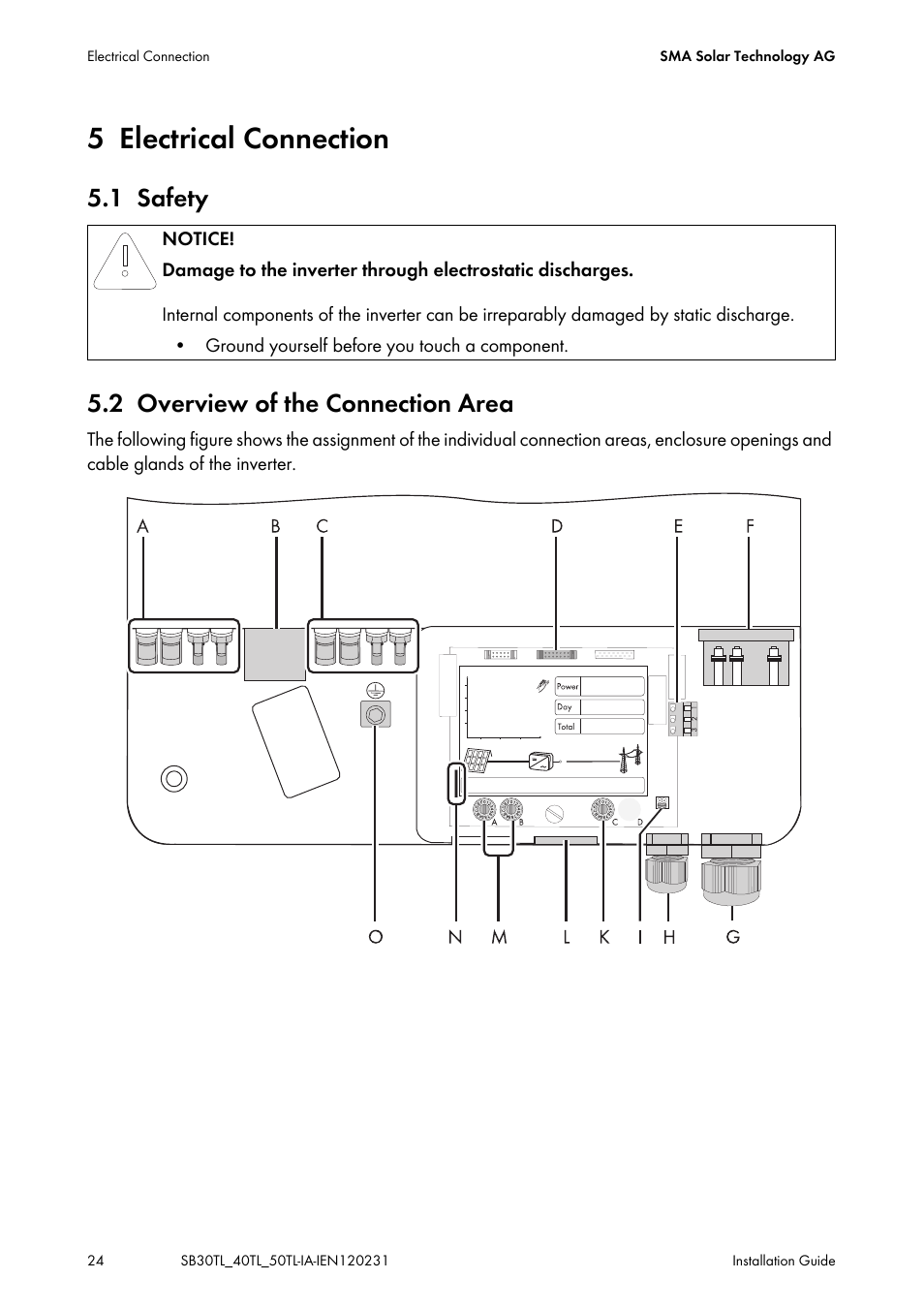 5 electrical connection, 1 safety, 2 overview of the connection area | Electrical connection, Safety, Overview of the connection area, 1 safety 5.2 overview of the connection area | SMA SB 3000TL-20 Installation User Manual | Page 24 / 104