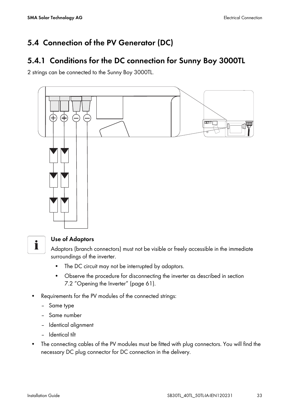 4 connection of the pv generator (dc), Connection of the pv generator (dc) | SMA SB 3000TL-20 Installation User Manual | Page 33 / 104