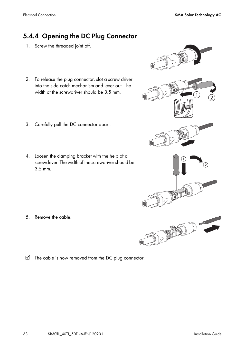 4 opening the dc plug connector, Opening the dc plug connector | SMA SB 3000TL-20 Installation User Manual | Page 38 / 104
