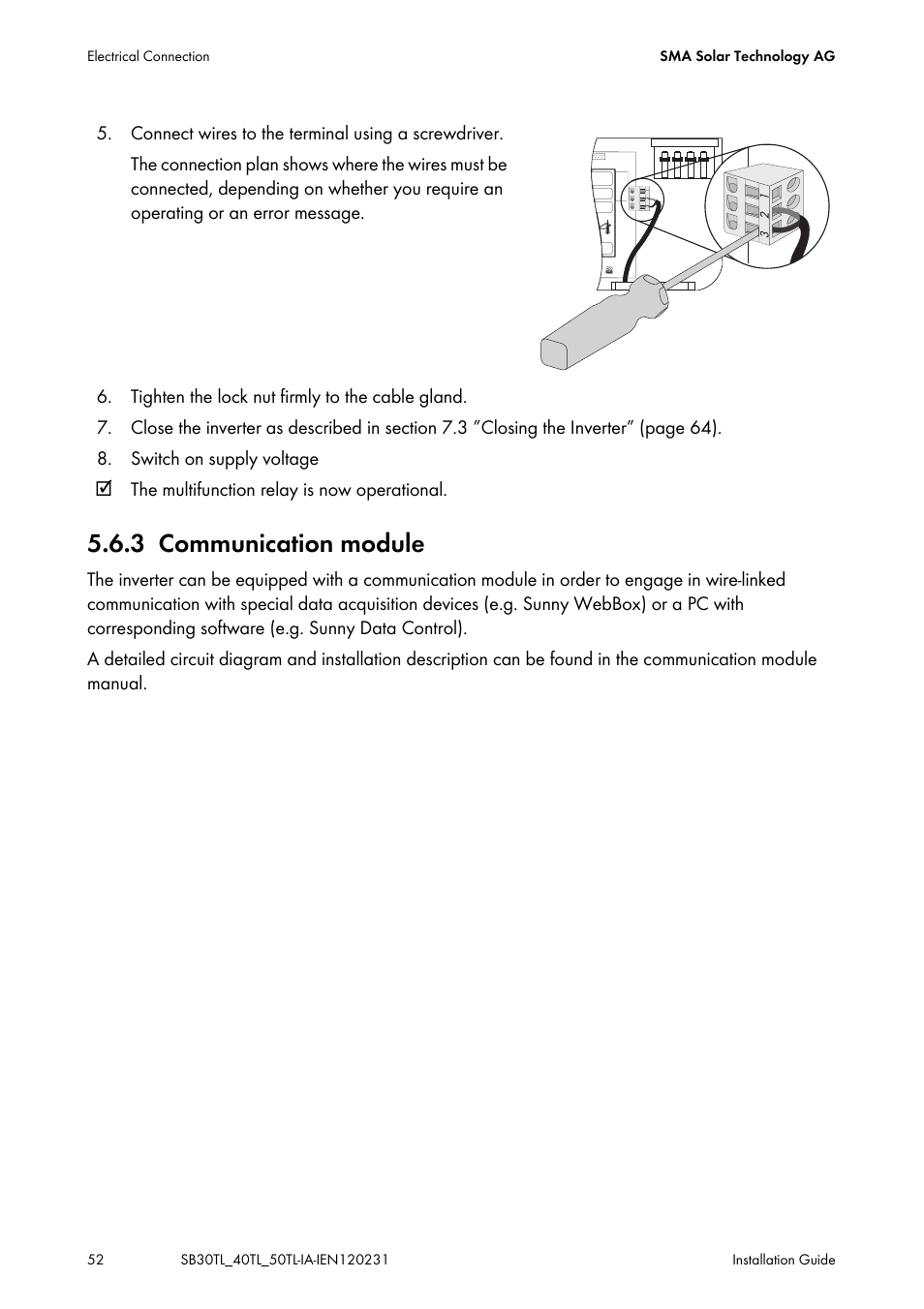 3 communication module, Communication module | SMA SB 3000TL-20 Installation User Manual | Page 52 / 104