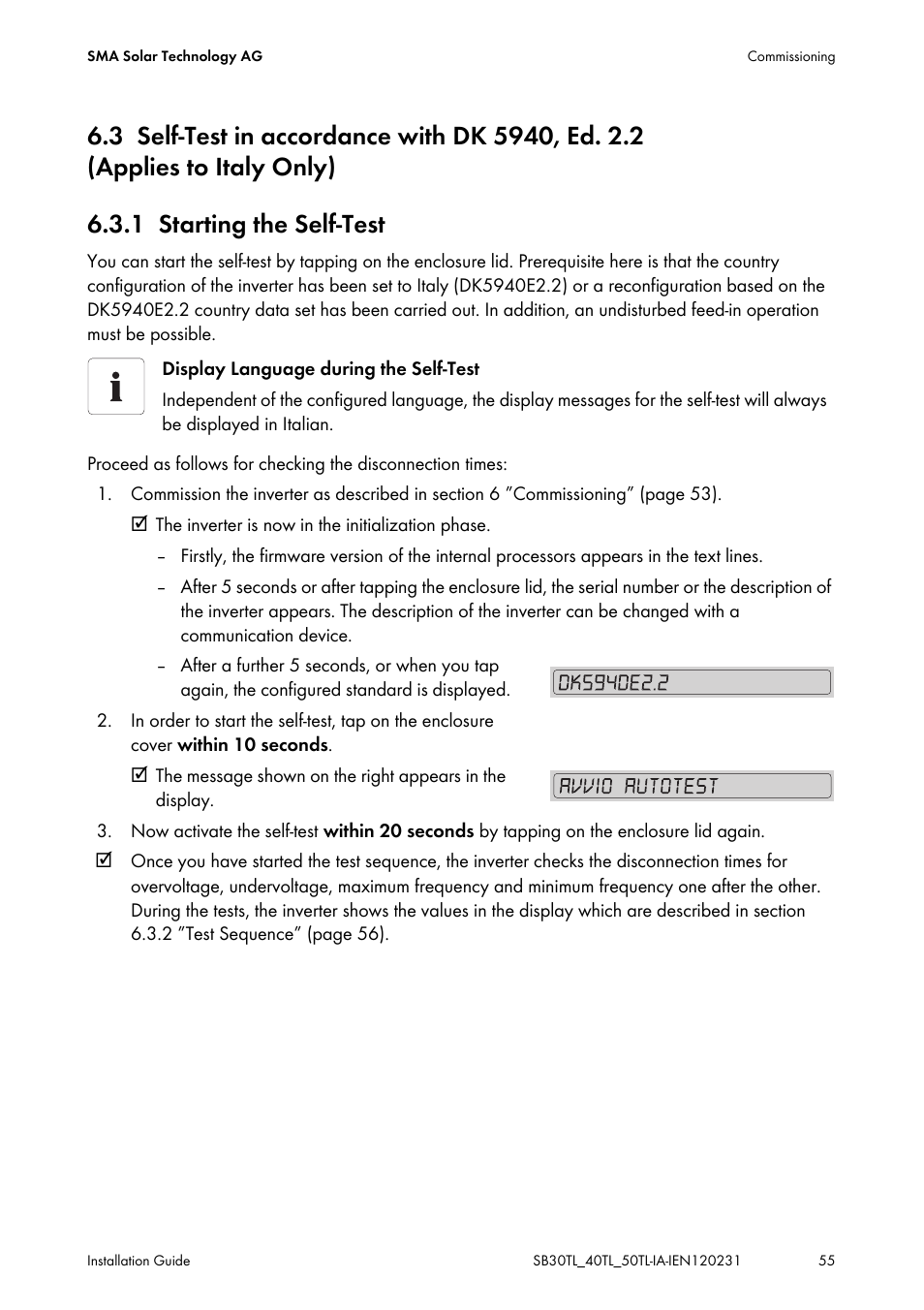 1 starting the self-test, Self-test in accordance with dk 5940, ed. 2.2, Applies to italy only) | Starting the self-test | SMA SB 3000TL-20 Installation User Manual | Page 55 / 104