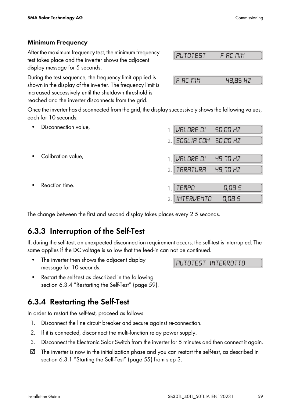 3 interruption of the self-test, 4 restarting the self-test, Interruption of the self-test | Restarting the self-test | SMA SB 3000TL-20 Installation User Manual | Page 59 / 104