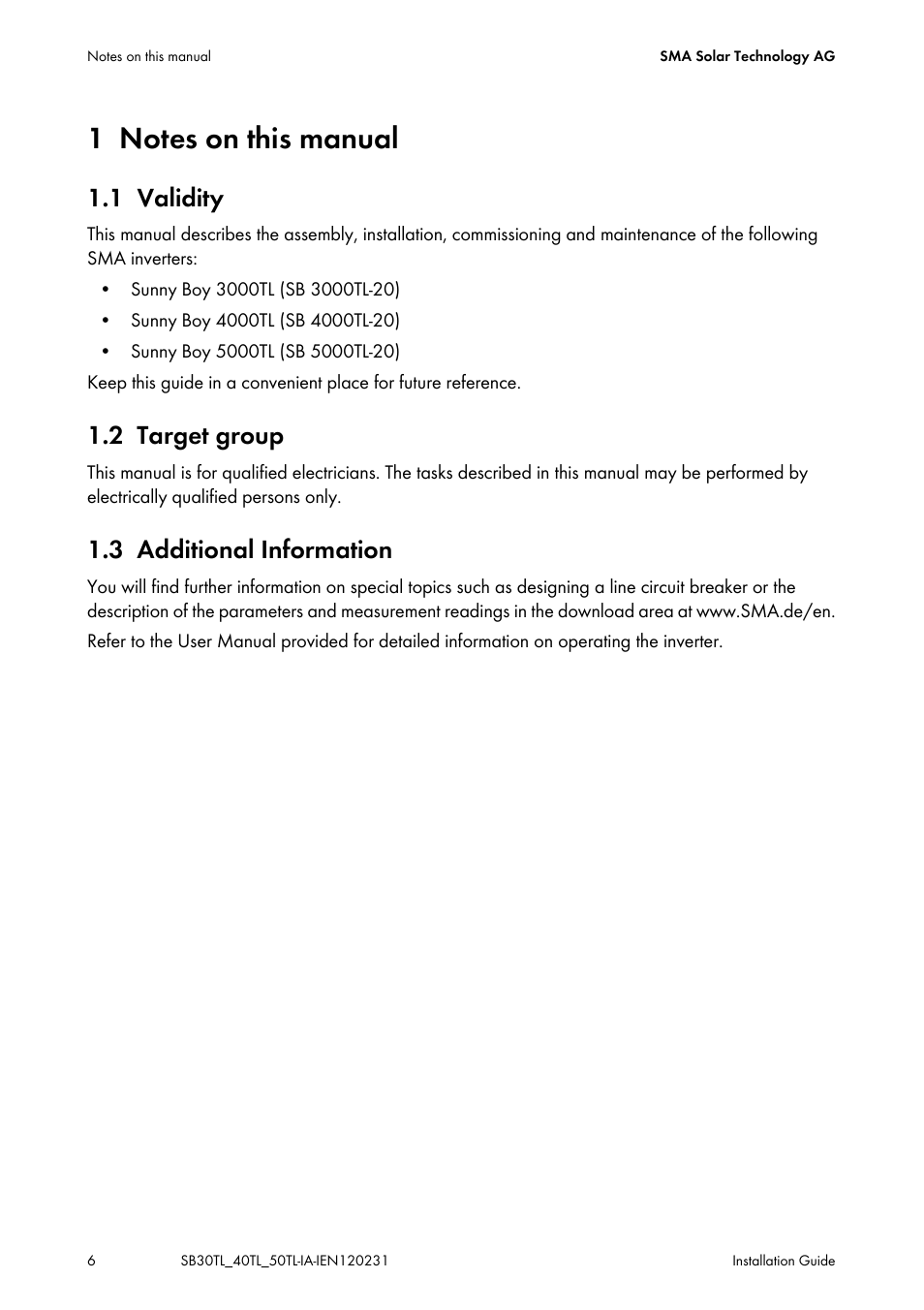 1 notes on this manual, 1 validity, 2 target group | 3 additional information, Notes on this manual, Validity, Target group, Additional information | SMA SB 3000TL-20 Installation User Manual | Page 6 / 104