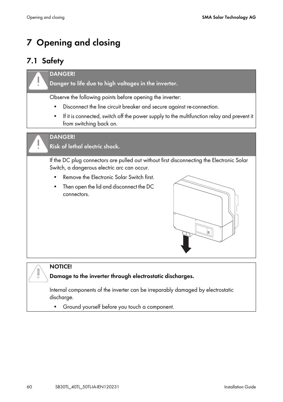 7 opening and closing, 1 safety, Opening and closing | Safety | SMA SB 3000TL-20 Installation User Manual | Page 60 / 104