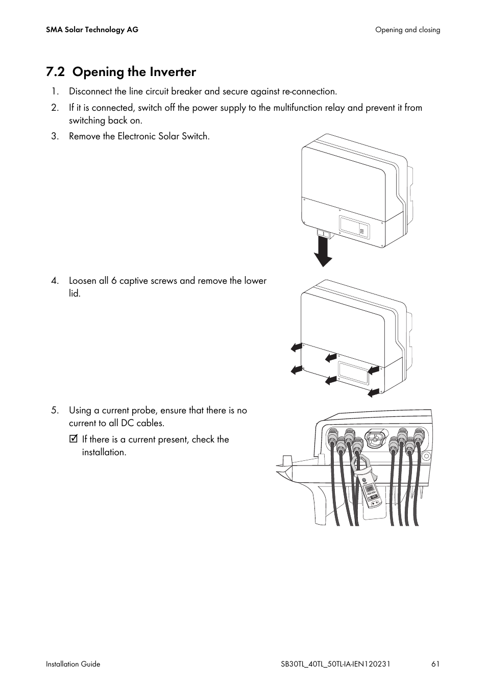 2 opening the inverter, Opening the inverter | SMA SB 3000TL-20 Installation User Manual | Page 61 / 104