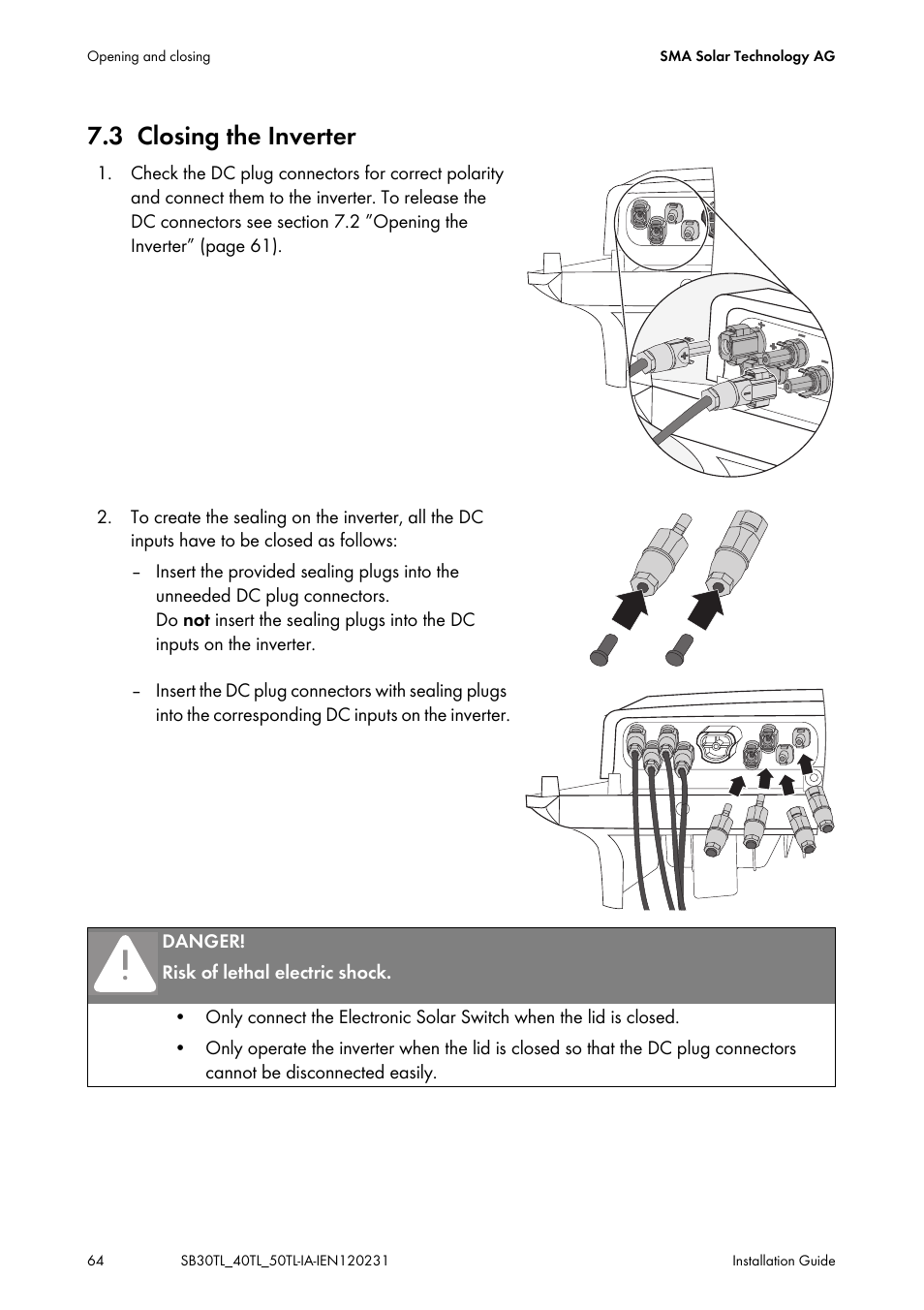 3 closing the inverter, Closing the inverter | SMA SB 3000TL-20 Installation User Manual | Page 64 / 104